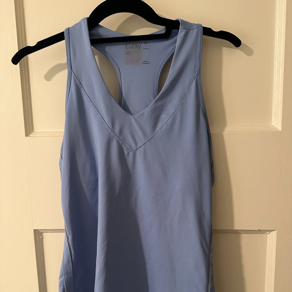 Lucky in Love stretch tennis top in periwinkle, size S